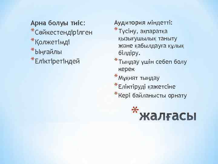 Арна болуы тиіс: *Сәйкестендірілген *Қолжетімді *Ыңғайлы *Еліктіретіндей Аудитория міндетті: * Түсіну, ақпаратқа қызығушылық таныту