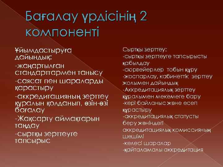 Бағалау үрдісінің 2 компоненті Ұйымдастыруға дайындық: -жаңартылған стандарттармен танысу -саясат пен шараларды қарастыру -аккредитацияның