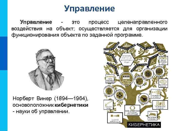 Управление это процесс целенаправленного воздействия на объект; осуществляется для организации функционирования объекта по заданной