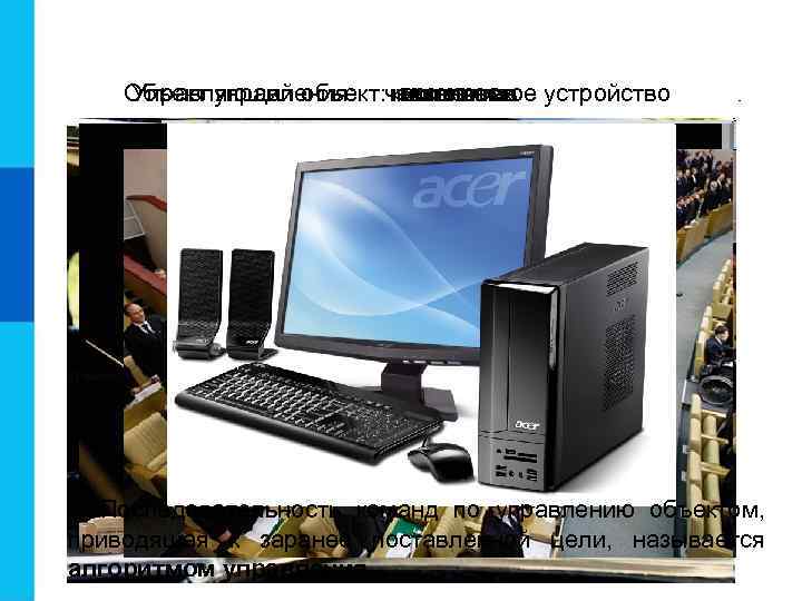 Объект управления: человек Управляющий объект: коллектив техническое устройство коллектив человек Последовательность команд по управлению
