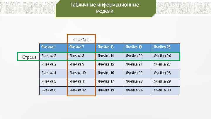 Табличные информационные модели Столбец Ячейка 1 Строка Ячейка 7 Ячейка 13 Ячейка 19 Ячейка
