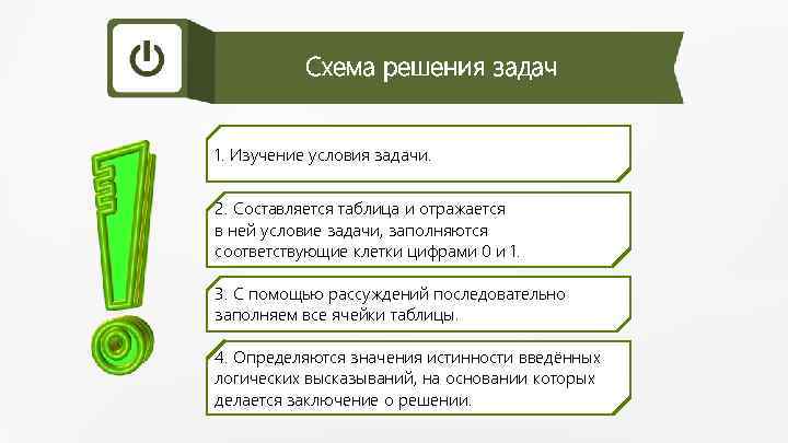 Схема решения задач 1. Изучение условия задачи. 2. Составляется таблица и отражается в ней