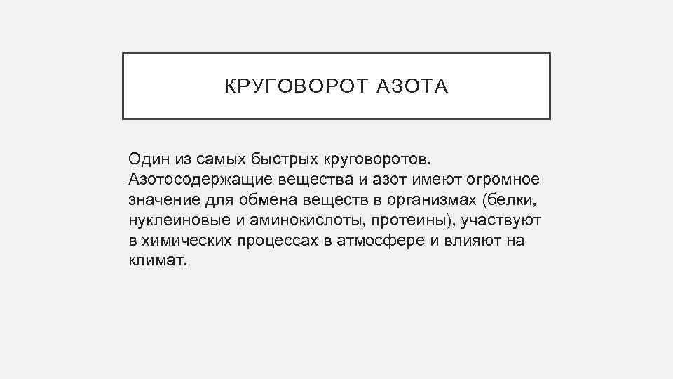 КРУГОВОРОТ АЗОТА Один из самых быстрых круговоротов. Азотосодержащие вещества и азот имеют огромное значение