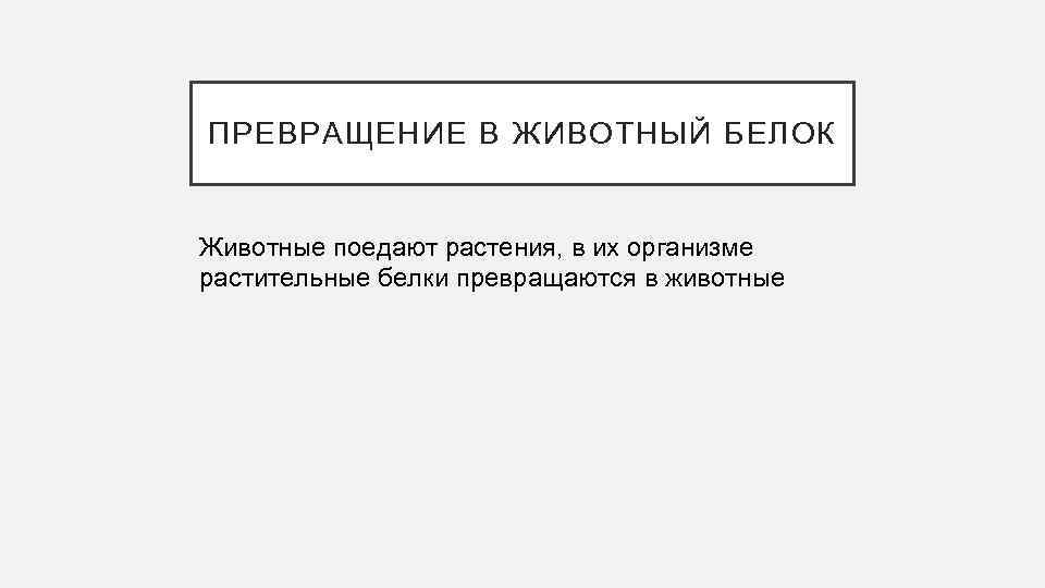 ПРЕВРАЩЕНИЕ В ЖИВОТНЫЙ БЕЛОК Животные поедают растения, в их организме растительные белки превращаются в