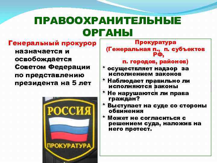 ПРАВООХРАНИТЕЛЬНЫЕ ОРГАНЫ Прокуратура Генеральный прокурор (Генеральная п. , п. субъектов назначается и РФ, освобождается