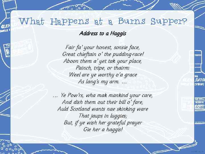 What Happens at a Burns Supper? Address to a Haggis Fair fa’ your honest,