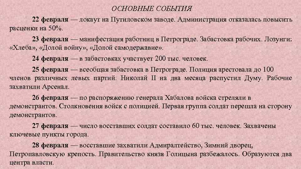 ОСНОВНЫЕ СОБЫТИЯ 22 февраля — локаут на Путиловском заводе. Администрация отказалась повысить расценки на