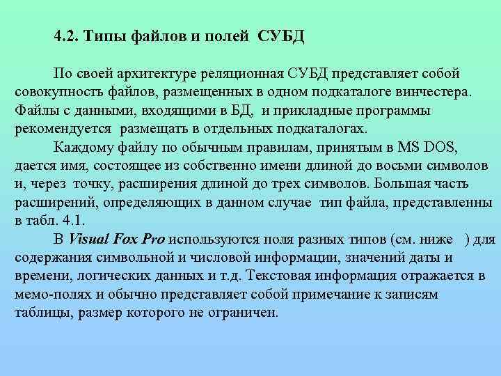 4. 2. Типы файлов и полей СУБД По своей архитектуре реляционная СУБД представляет собой