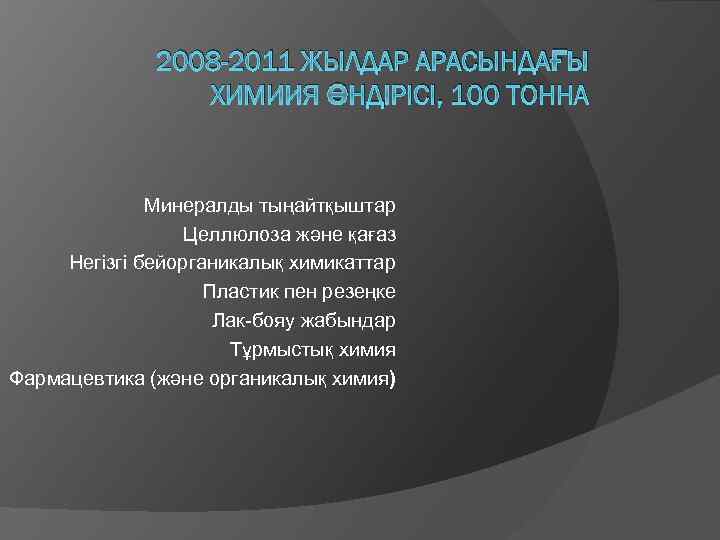 2008 -2011 ЖЫЛДАР АРАСЫНДАҒЫ ХИМИИЯ ӨНДІРІСІ, 100 ТОННА Минералды тыңайтқыштар Целлюлоза және қағаз Негізгі