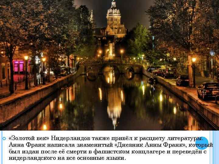  «Золотой век» Нидерландов также привёл к расцвету литературы. Анна Франк написала знаменитый «Дневник