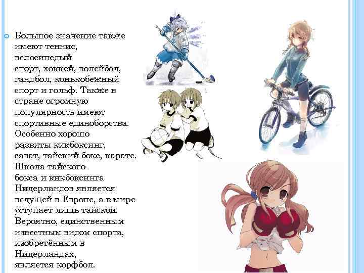  Большое значение также имеют теннис, велосипедый спорт, хоккей, волейбол, гандбол, конькобежный спорт и