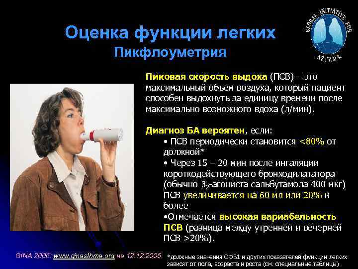 Оценка функции легких Пикфлоуметрия Пиковая скорость выдоха (ПСВ) – это максимальный объем воздуха, который