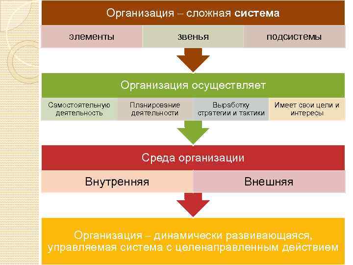 Организация – сложная система элементы звенья подсистемы Организация осуществляет Самостоятельную деятельность Планирование деятельности Выработку