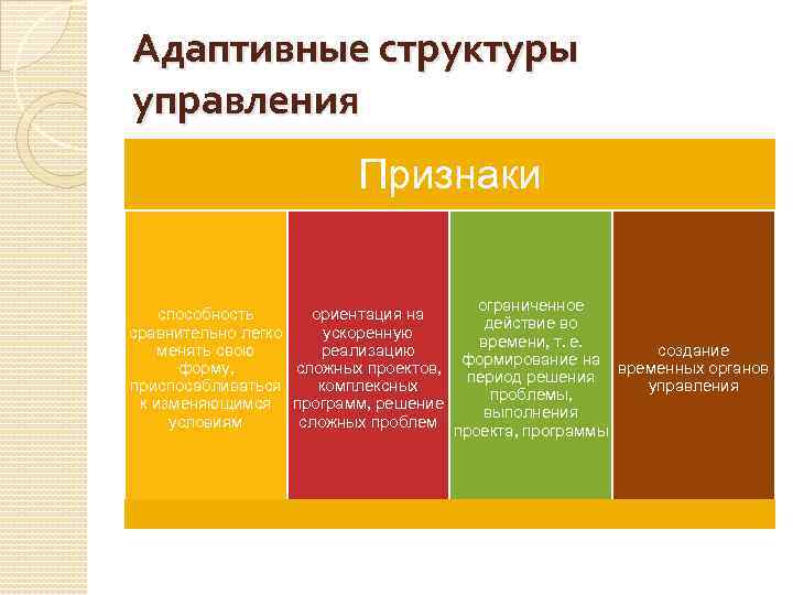 Адаптивные структуры управления Признаки способность ориентация на сравнительно легко ускоренную менять свою реализацию форму,