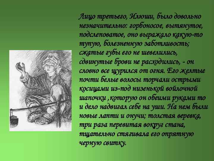 Лицо третьего, Илюши, было довольно незначительно: горбоносое, вытянутое, подслеповатое, оно выражало какую-то тупую, болезненную