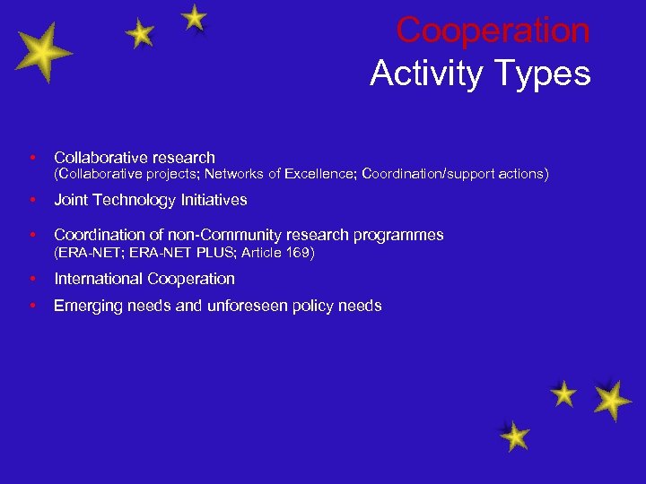 Cooperation Activity Types • Collaborative research • Joint Technology Initiatives • Coordination of non-Community