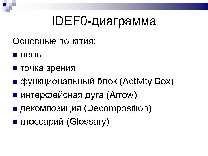 IDEF 0 -диаграмма Основные понятия: цель точка зрения функциональный блок (Activity Box) интерфейсная дуга