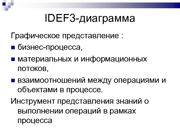 IDEF 3 -диаграмма Графическое представление : бизнес-процесса, материальных и информационных потоков, взаимоотношений между операциями