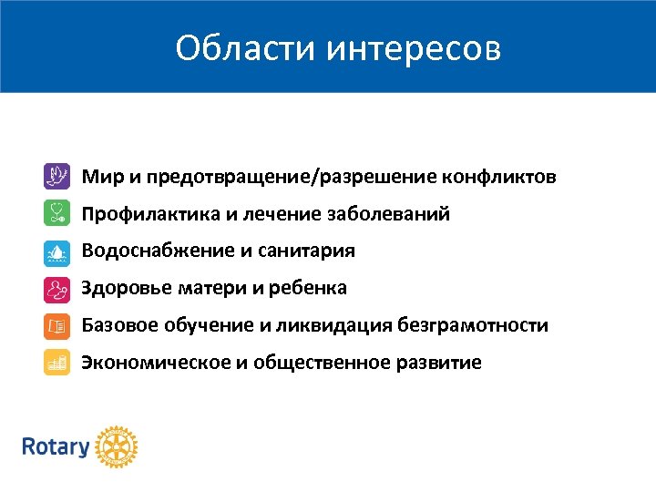 Области интересов Мир и предотвращение/разрешение конфликтов Профилактика и лечение заболеваний Водоснабжение и санитария Здоровье