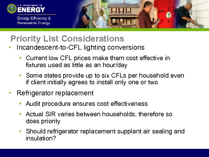 Priority List Considerations • Incandescent-to-CFL lighting conversions • Current low CFL prices make them