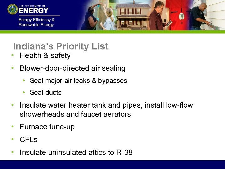 Indiana’s Priority List • Health & safety • Blower-door-directed air sealing • Seal major