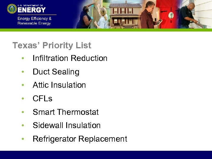 Texas’ Priority List • Infiltration Reduction • Duct Sealing • Attic Insulation • CFLs