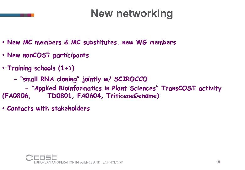 New networking • New MC members & MC substitutes, new WG members • New