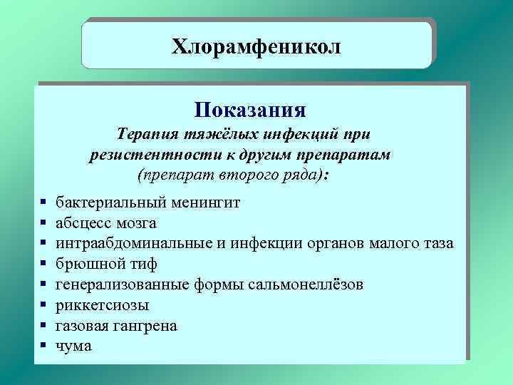 Хлорамфеникол Показания Терапия тяжёлых инфекций при резистентности к другим препаратам (препарат второго ряда): §