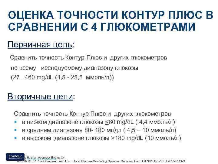 ОЦЕНКА ТОЧНОСТИ КОНТУР ПЛЮС В СРАВНЕНИИ С 4 ГЛЮКОМЕТРАМИ Первичная цель: Сравнить точность Контур