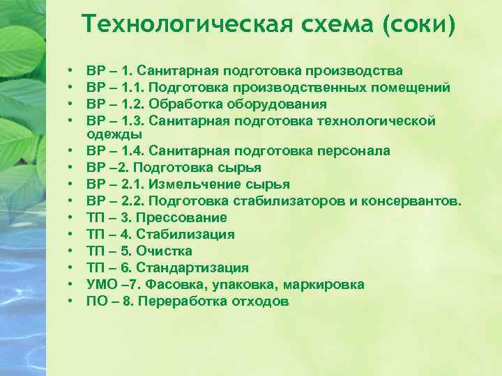 Технологическая схема (соки) • • • • ВР – 1. Санитарная подготовка производства ВР