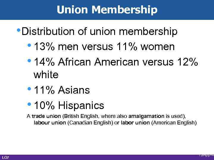 Union Membership • Distribution of union membership • 13% men versus 11% women •