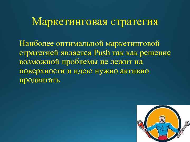 Маркетинговая стратегия Наиболее оптимальной маркетинговой стратегией является Push так как решение возможной проблемы не