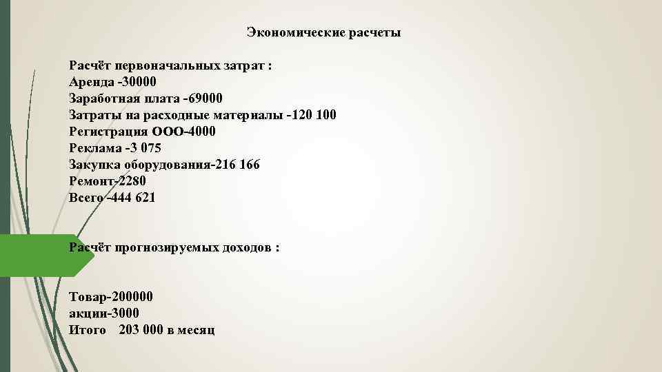 Экономические расчеты Расчёт первоначальных затрат : Аренда -30000 Заработная плата -69000 Затраты на расходные