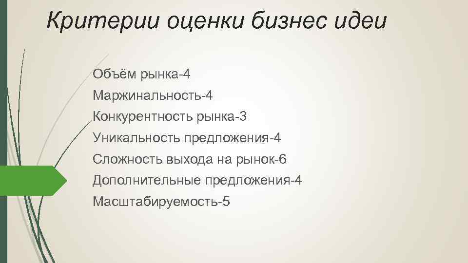 Критерии оценки бизнес идеи Объём рынка-4 Маржинальность-4 Конкурентность рынка-3 Уникальность предложения-4 Сложность выхода на