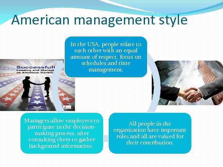 American management style In the USA, people relate to each other with an equal