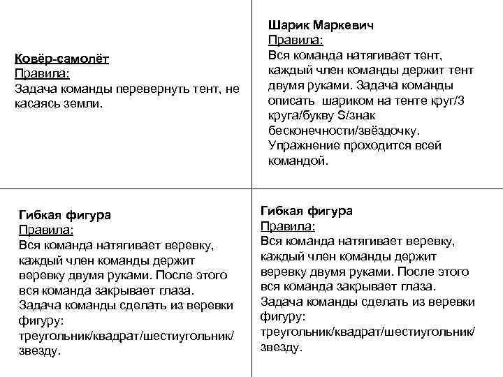 Ковёр-самолёт Правила: Задача команды перевернуть тент, не касаясь земли. Гибкая фигура Правила: Вся команда