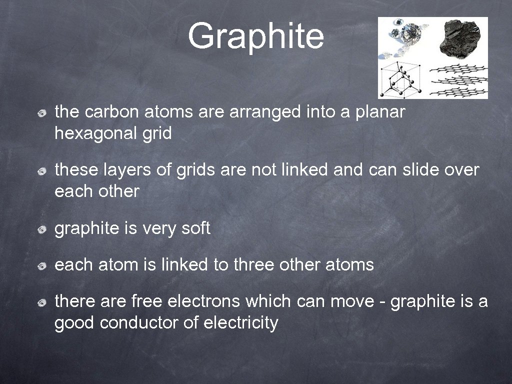 Graphite the carbon atoms are arranged into a planar hexagonal grid these layers of