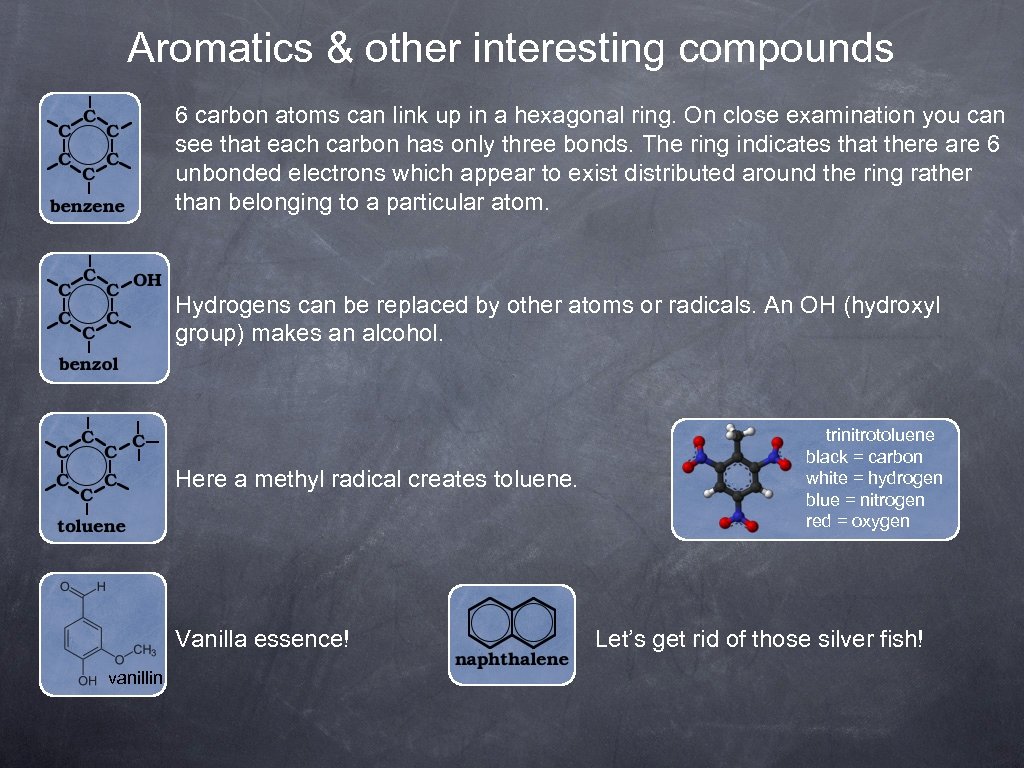Aromatics & other interesting compounds 6 carbon atoms can link up in a hexagonal