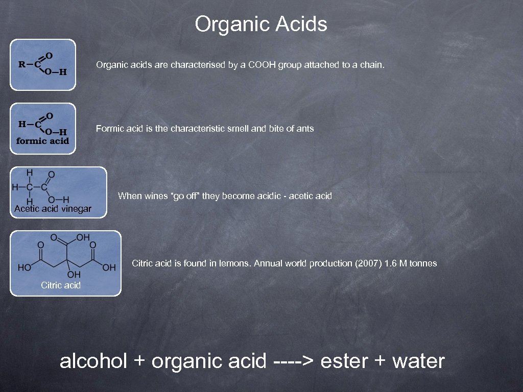Organic Acids Organic acids are characterised by a COOH group attached to a chain.