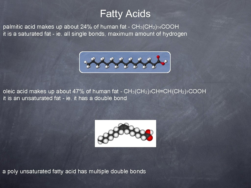 Fatty Acids palmitic acid makes up about 24% of human fat - CH 3(CH