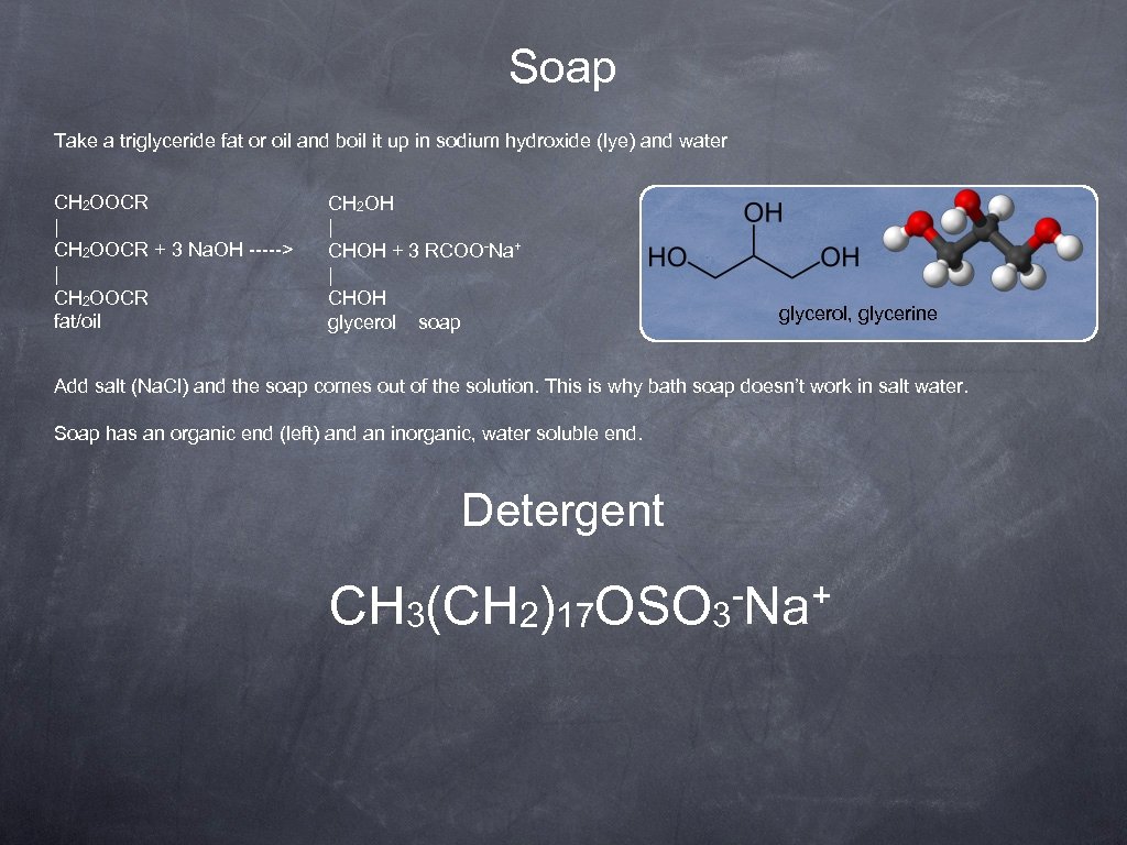 Soap Take a triglyceride fat or oil and boil it up in sodium hydroxide