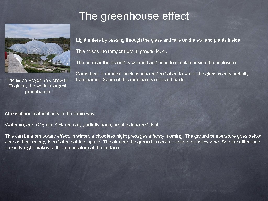 The greenhouse effect Light enters by passing through the glass and falls on the