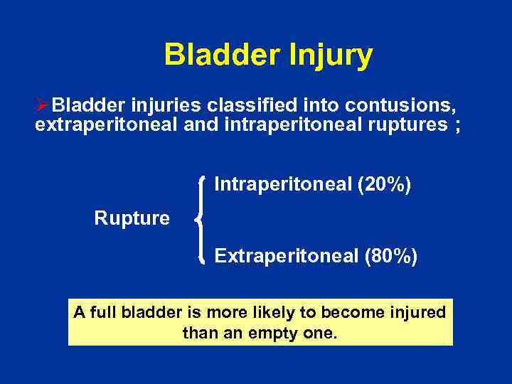 Bladder Injury ØBladder injuries classified into contusions, extraperitoneal and intraperitoneal ruptures ; Intraperitoneal (20%)