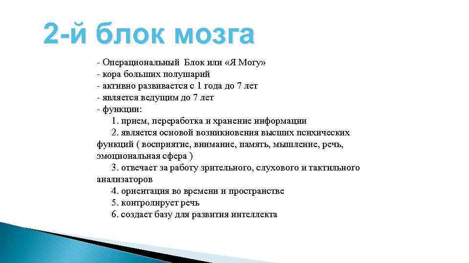  2 -й блок мозга - Операциональный Блок или «Я Могу» - кора больших