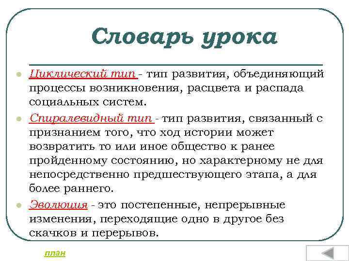 Словарь урока l l l Циклический тип - тип развития, объединяющий процессы возникновения, расцвета