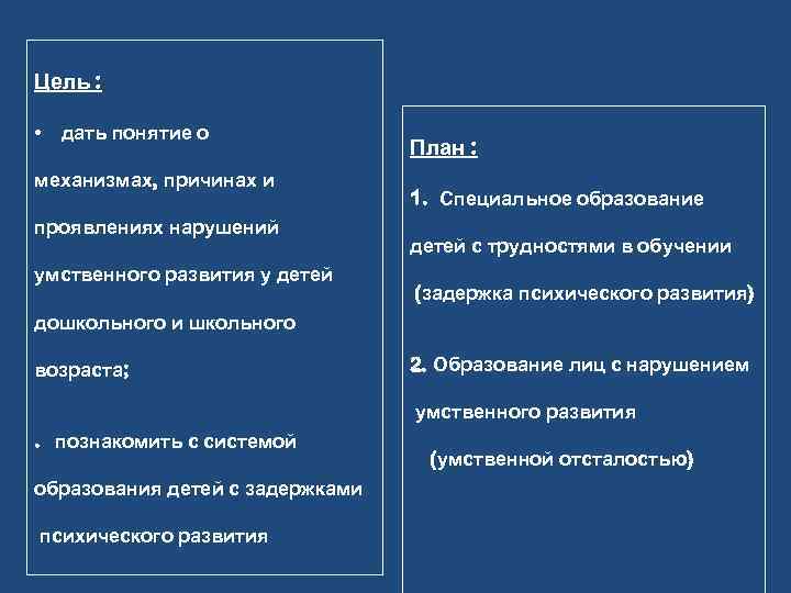 Цель : • дать понятие о механизмах, причинах и проявлениях нарушений умственного развития у