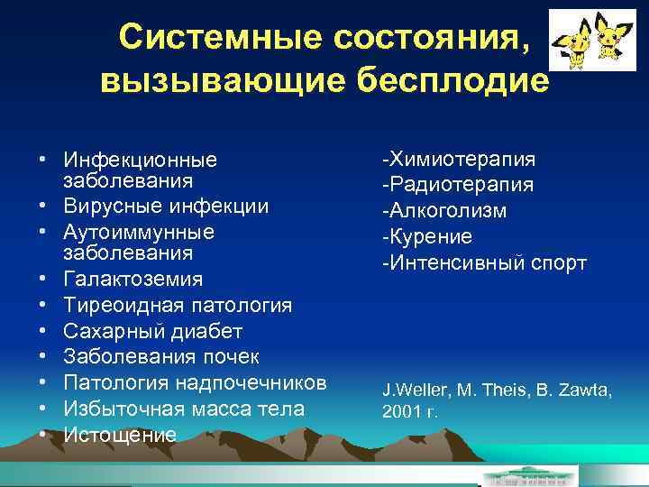 Системные состояния, вызывающие бесплодие • Инфекционные заболевания • Вирусные инфекции • Аутоиммунные заболевания •