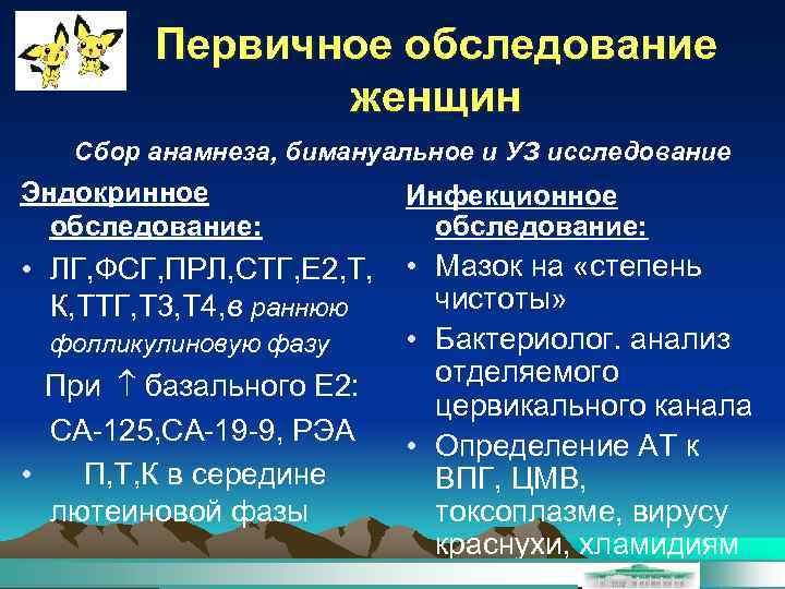 Первичное обследование женщин Сбор анамнеза, бимануальное и УЗ исследование Эндокринное обследование: Инфекционное обследование: •