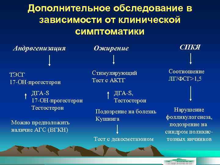 Дополнительное обследование в зависимости от клинической симптоматики Андрогенизация ТЭСГ 17 -ОН-прогестерон ДГА-S 17 -ОН-прогестерон