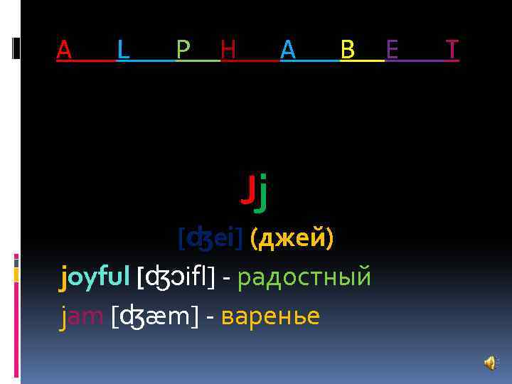 A L P H A B Jj [ʤei] (джей) joyful [ʤͻifl] - радостный jam